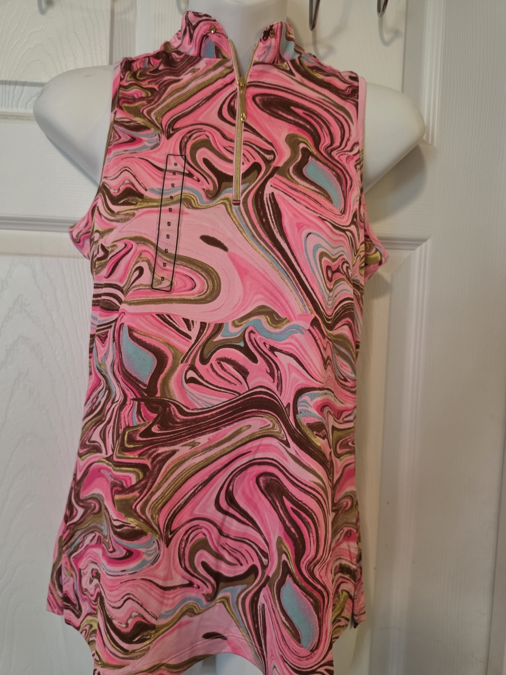 Sleeveless Pink Marble-Print Zip Mock Neck Top Size Small